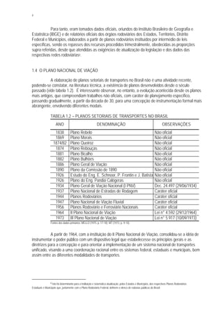 4
Para tanto, eram tomados dados oficiais, oriundos do Instituto Brasileiro de Geografia e
Estatística (IBGE) e de relatórios oficiais dos órgãos rodoviários dos Estados, Territórios, Distrito
Federal e Municípios, elaborados a partir de planos rodoviários instituídos por intermédio de leis
específicas, sendo os repasses dos recursos procedidos trimestralmente, obedecidas as proporções
supra referidas, desde que atendidas as exigências de atualização da legislação e dos dados das
respectivas redes rodoviárias6.
1.4 O PLANO NACIONAL DE VIAÇÃO
A elaboração de planos setoriais de transportes no Brasil não é uma atividade recente,
podendo-se constatar, na literatura técnica, a existência de planos desenvolvidos desde o século
passado (vide tabela 1.2). É interessante observar, no entanto, a evolução acontecida desde os planos
mais antigos, que compreendiam trabalhos não oficiais, com caráter de planejamento específico,
passando gradualmente, a partir da década de 30, para uma concepção de instrumentação formal mais
abrangente, envolvendo diferentes modais.
TABELA 1.2 – PLANOS SETORIAIS DE TRANSPORTES NO BRASIL
ANO DENOMINAÇÃO OBSERVAÇÕES
1838 Plano Rebelo Não oficial
1869 Plano Morais Não oficial
1874/82 Plano Queiroz Não oficial
1874 Plano Rebouças Não oficial
1881 Plano Bicalho Não oficial
1882 Plano Bulhões Não oficial
1886 Plano Geral de Viação Não oficial
1890 Plano da Comissão de 1890 Não oficial
1926 Estudo do Eng. E. Schnoor, P. Frontin e J. Batista Não oficial
1926 Plano do Eng. Pandiá Calógeras Não oficial
1934 Plano Geral de Viação Nacional (I PNV) Dec. 24.497 (29/06/1934)
1937 Plano Nacional de Estradas de Rodagem Caráter oficial
1944 Planos Rodoviários Caráter oficial
1947 Plano Nacional de Viação Fluvial Caráter oficial
1956 Planos Rodoviário e Ferroviário Nacionais Caráter oficial
1964 II Plano Nacional de Viação Lei n° 4.592 (29/12/1964)
1973 III Plano Nacional de Viação Lei n° 5.917 (10/09/1973)
Fontes dos dados primários: MELLO (1975, p. 17-18); MT (1973, p. 9-10).
A partir de 1964, com a instituição do II Plano Nacional de Viação, consolidou-se a idéia de
instrumentar o poder público com um dispositivo legal que estabelecesse os princípios gerais e as
diretrizes para a concepção e para orientar a implementação de um sistema nacional de transportes
unificado, visando a uma coordenação racional entre os sistemas federal, estaduais e municipais, bem
assim entre as diferentes modalidades de transportes.
6 Isto foi determinante para a instituição e sistemática atualização, pelos Estados e Municípios, dos respectivos Planos Rodoviários
Estaduais e Municipais que, juntamente com o Plano Rodoviário Federal, definem o elenco de rodovias públicas do Brasil.
 