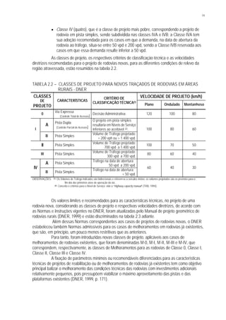 19
§ Classe IV (quatro), que é a classe de projeto mais pobre, correspondendo a projeto de
rodovia em pista simples, sendo subdividida nas classes IVA e IVB; a Classe IVA tem
sua adoção recomendada para os casos em que a demanda, na data de abertura da
rodovia ao tráfego, situa-se entre 50 vpd e 200 vpd, sendo a Classe IVB reservada aos
casos em que essa demanda resulte inferior a 50 vpd.
As classes de projeto, os respectivos critérios de classificação técnica e as velocidades
diretrizes recomendadas para o projeto de rodovias novas, para as diferentes condições de relevo da
região atravessada, estão resumidos na tabela 2.2.
TABELA 2.2 – CLASSES DE PROJETO PARA NOVOS TRAÇADOS DE RODOVIAS EM ÁREAS
RURAIS - DNER
VELOCIDADE DE PROJETO (km/h)CLASSES
DE
PROJETO
CARACTERÍSTICAS
CRITÉRIO DE
CLASSIFICAÇÃO TÉCNICA(1)
Plano Ondulado Montanhoso
0
Via Expressa
(Controle Total de Acessos)
Decisão Administrativa. 120 100 80
A
Pista Dupla
(Controle Parcial de Acessos)
O projeto em pista simples
resultaria em Níveis de Serviço
inferiores ao aceitável (2).I
B Pista Simples
Volume de Tráfego projetado:
> 200 vph ou > 1.400 vpd.
100 80 60
II Pista Simples
Volume de Tráfego projetado:
700 vpd a 1.400 vpd.
100 70 50
III Pista Simples
Volume de Tráfego projetado:
300 vpd a 700 vpd.
80 60 40
A Pista Simples
Tráfego na data de abertura:
50 vpd a 200 vpd.
IV
B Pista Simples
Tráfego na data de abertura:
< 50 vpd.
60 40 30
OBSERVAÇÕES: (1) Os Volumes de Tráfego indicados são bidirecionais e referem-se a veículos mistos; os volumes projetados são os previstos para o
fim dos dez primeiros anos de operação da via.
(2) Conceito e critérios para o Nível de Serviço: vide o “Highway capacity manual” (TRB, 1994).
Os valores limites e recomendados para as características técnicas, no projeto de uma
rodovia nova, considerando as classes de projeto e respectivas velocidades diretrizes, de acordo com
as Normas e Instruções vigentes no DNER, foram atualizadas pelo Manual de projeto geométrico de
rodovias rurais (DNER, 1999) e estão discriminados na tabela 2.3 adiante.
Além dessas Normas correspondentes aos casos de projetos de rodovias novas, o DNER
estabeleceu também Normas admissíveis para os casos de melhoramentos em rodovias já existentes,
que são, em princípio, um pouco menos restritivas que as anteriores.
Para tanto, foram introduzidas novas classes de projeto, aplicáveis aos casos de
melhoramentos de rodovias existentes, que foram denominadas M-0, M-I, M-II, M-III e M-IV, que
correspondem, respectivamente, às classes de Melhoramentos para as rodovias de Classe 0, Classe I,
Classe II, Classe III e Classe IV.
A fixação de parâmetros mínimos ou recomendáveis diferenciados para as características
técnicas de projetos de reabilitação ou de melhoramentos de rodovias já existentes tem como objetivo
principal balizar o melhoramento das condições técnicas das rodovias com investimentos adicionais
relativamente pequenos, pois pressupõem viabilizar o máximo aproveitamento das pistas e das
plataformas existentes (DNER, 1999, p. 171).
 