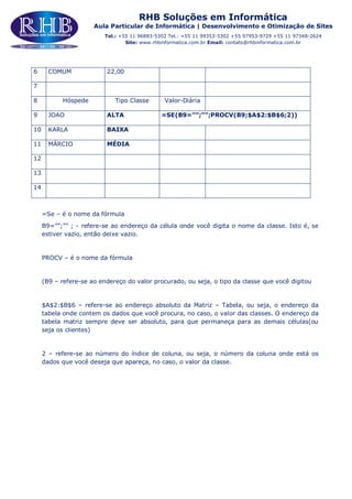 RHB Soluções em Informática
Aula Particular de Informática | Desenvolvimento e Otimização de Sites
Tel.: +55 11 96883-5302 Tel.: +55 11 99353-5302 +55 97953-9729 +55 11 97348-2624
Site: www.rhbinformatica.com.br Email: contato@rhbinformatica.com.br
6 COMUM 22,00
7
8 Hóspede Tipo Classe Valor-Diária
9 JOAO ALTA =SE(B9=””;””;PROCV(B9;$A$2:$B$6;2))
10 KARLA BAIXA
11 MÁRCIO MÉDIA
12
13
14
=Se – é o nome da fórmula
B9=””;”” ; - refere-se ao endereço da célula onde você digita o nome da classe. Isto é, se
estiver vazio, então deixe vazio.
PROCV – é o nome da fórmula
(B9 – refere-se ao endereço do valor procurado, ou seja, o tipo da classe que você digitou
$A$2:$B$6 – refere-se ao endereço absoluto da Matriz – Tabela, ou seja, o endereço da
tabela onde contem os dados que você procura, no caso, o valor das classes. O endereço da
tabela matriz sempre deve ser absoluto, para que permaneça para as demais células(ou
seja os clientes)
2 – refere-se ao número do índice de coluna, ou seja, o número da coluna onde está os
dados que você deseja que apareça, no caso, o valor da classe.
 