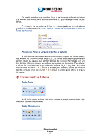 De modo semelhante é possível fazer a exclusão de colunas ou linhas
que tenham sido introduzidas equivocadamente ou que não sejam mais neces-
sárias.

       O comando de exclusão de linhas ou colunas pode ser encontrado na
guia Início, na ferramenta Excluir, Excluir Linhas da Planilha ou Excluir Co-
lunas da Planilha.




      Alterando a Altura e Largura de Linhas e Colunas

       A definição de tamanho é extremamente comum para as linhas e colu-
nas. Porém, no Microsoft Office Excel 2007, as linhas e colunas da planilha que
contêm títulos ou aquelas que contêm células de conteúdo formatado com um
tipo de letra diferente podem ter a altura aumentada ou diminuída. Para alterar
a altura de uma linha ou largura de uma coluna, faça o seguinte: aponte o
mouse entre as linhas 1 e 2, clique e arraste para alterar a altura da linha ou
aponte o mouse entre as colunas A e B, clique e arraste para alterar a largura
da coluna.

    Formatando a Tabela
      Seção Fonte




      Você pode mudar o visual das letras, números ou outros caracteres digi-
tados das células selecionadas.

      Seção Alinhamento




                               Roberto
                               Roberto Oliveira Cunha
                                     Página
                                        13
 