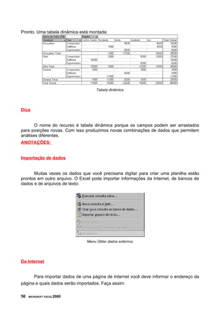 Pronto. Uma tabela dinâmica está montada:




                                    Tabela dinâmica




Dica


       O nome do recurso é tabela dinâmica porque os campos podem ser arrastados
para posições novas. Com isso produzimos novas combinações de dados que permitem
análises diferentes.
ANOTAÇÕES:


Importação de dados


      Muitas vezes os dados que você precisaria digitar para criar uma planilha estão
prontos em outro arquivo. O Excel pode importar informações da Internet, de bancos de
dados e de arquivos de texto:




                               Menu Obter dados externos




Da Internet


      Para importar dados de uma página de Internet você deve informar o endereço da
página e quais dados serão importados. Faça assim:

56   MICROSOFT EXCEL2000
 