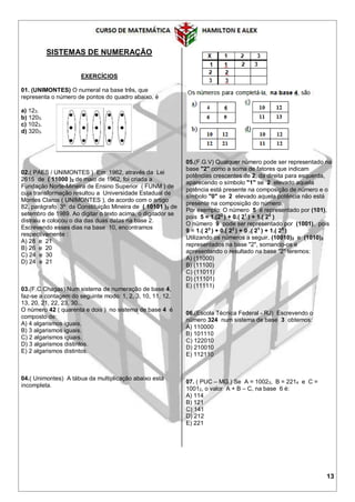 13
SISTEMAS DE NUMERAÇÃO
EXERCÍCIOS
01. (UNIMONTES) O numeral na base três, que
representa o número de pontos do quadro abaixo, é
a) 123.
b) 1203.
c) 1023.
d) 3203.
02.( PAES / UNIMONTES ) Em 1962, através da Lei
2615 de ( 11000 )2 de maio de 1962, foi criada a
Fundação Norte-Mineira de Ensino Superior ( FUNM ) de
cuja transformação resultou a Universidade Estadual de
Montes Claros ( UNIMONTES ), de acordo com o artigo
82, parágrafo 3º da Constituição Mineira de ( 10101 )2 de
setembro de 1989. Ao digitar o texto acima, o digitador se
distraiu e colocou o dia das duas datas na base 2.
Escrevendo esses dias na base 10, encontramos
respectivamente :
A) 28 e 21
B) 26 e 20
C) 24 e 30
D) 24 e 21
03.(F.C.Chagas) Num sistema de numeração de base 4,
faz-se a contagem do seguinte modo: 1, 2, 3, 10, 11, 12,
13, 20, 21, 22, 23, 30...
O número 42 ( quarenta e dois ) no sistema de base 4 é
composto de:
A) 4 algarismos iguais.
B) 3 algarismos iguais.
C) 2 algarismos iguais.
D) 3 algarismos distintos.
E) 2 algarismos distintos.
04.( Unimontes) A tábua da multiplicação abaixo está
incompleta.
05.(F.G.V) Qualquer número pode ser representado na
base "2" como a soma de fatores que indicam
potências crescentes de 2, da direita para esquerda,
aparecendo o símbolo "1" se 2 elevado aquela
potência está presente na composição de número e o
símbolo "0" se 2 elevado aquela potência não está
presente na composição do número.
Por exemplo: O número 5 é representado por (101),
pois 5 = 1.(22
) + 0.( 21
) + 1.( 20
)
O número 9 pode ser representado por (1001), pois
9 = 1.( 23
) + 0.( 22
) + 0 .( 21
) + 1.( 20
)
Utilizando os números a seguir, (10010)2 e (1010)2
representados na base "2", somando-os e
apresentando o resultado na base "2" teremos:
A) (11000)
B) (11100)
C) (11011)
D) (11101)
E) (11111)
06.(Escola Técnica Federal - RJ) Escrevendo o
número 324 num sistema de base 3 obtemos:
A) 110000
B) 101110
C) 122010
D) 210010
E) 112110
07. ( PUC – MG ) Se A = 10023, B = 2214 e C =
10012, o valor A + B – C, na base 6 é:
A) 114
B) 121
C) 141
D) 212
E) 221
 