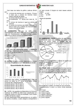 CURSO DE MATEMÁTICA HAMILTON E ALEX
160
Com base nos dados do gráfico, pode-se afirmar
que :
a) o número de meninas com, no máximo, 16 anos
é maior que o número de meninos nesse
mesmo intervalo de idades.
b) O número total de alunos é 19
Há exatamente 10 alunos com mais de 16
anos.
c) O número de meninos é igual ao número de
meninas
d) O número de meninos com idade maior que 15
anos é maior que o número de meninas nesse
mesmo intervalo de idades.
02. (UNIMONTES) No ano de 2005, foram
disponibilizados pelo Banco Moc mais de 6 milhões de
reais em financiamentos de curto e longo prazos,
conforme os valores indicados na figura a seguir.
Com base nas informações acima, é CORRETO
afirmar que o crescimento dos financiamentos em 2005,
com relação ao ano de 2004, foi
A) igual a 34%.
B) superior a 33%.
C) inferior a 33%.
D) igual a 32%.
03. (COTEC) No gráfico abaixo, observamos o número
de alunos em cada turma de 5ª série da Escola Banzé.
Analisando esse gráfico, percebemos que o total de
alunos de todas as 5
as
séries e a turma menos
numerosa são, respectivamente:
A) total de alunos: 150; 5ª série C.
B) total de alunos: 140; 5ª série C.
C) total de alunos: 150; 5ª série A.
D) total de alunos: 160; 5ª série D.
04. ( UFRS ) As questões de Matemática do Concurso
Vestibular da UFRGS de 2004 foram classificadas em
categorias quanto ao índice de facilidade, como mostra
o gráfico de barras a seguir.
Se esta classificação fosse apresentada em um gráfico
de setores circulares, a cada categoria corresponderia
um setor circular. O ângulo do maior desses setores
mediria
a) 80°. b) 120°.
c) 157°. d) 168°.
e) 172°.
05. (UNIMONTES – PAES) O gráfico de setor, abaixo,
foi construído após uma pesquisa feita junto a 450
alunos do ensino médio do Colégio Alfa que
responderam à seguinte pergunta: Qual a disciplina de
que você mais gosta?
O ângulo do setor que indica o número de alunos que
gostam da disciplina Física mede
a) 86º 24’. b) 86º 40’.
c) 86º 4’. d) 88º 4’.
06. ( ENEM -2012 ) O dono de uma farmácia resolveu
colocar à vista do público o gráfico mostrado a seguir,
que apresenta a evolução do total de vendas (em Reais)
de certo medicamento ao longo do ano de 2011.
De acordo com o gráfico, os meses em que ocorreram,
respectivamente, a maior e a menor venda absolutas
em
2011 foram
A) março e abril.
B) março e agosto.
C) agosto e setembro.
D) junho e setembro.
E) junho e agosto.
 