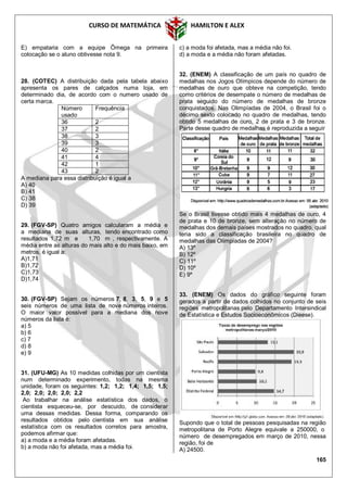 CURSO DE MATEMÁTICA HAMILTON E ALEX
165
E) empataria com a equipe Ômega na primeira
colocação se o aluno obtivesse nota 9.
28. (COTEC) A distribuição dada pela tabela abaixo
apresenta os pares de calçados numa loja, em
determinado dia, de acordo com o numero usado de
certa marca.
Número
usado
Frequência
36 2
37 2
38 3
39 3
40 2
41 4
42 1
43 2
A mediana para essa distribuição é igual a
A) 40
B) 41
C) 38
D) 39
29. (FGV-SP) Quatro amigos calcularam a média e
a mediana de suas alturas, tendo encontrado como
resultados 1,72 m e 1,70 m , respectivamente. A
média entre as alturas do mais alto e do mais baixo, em
metros, é igual a:
A)1,71
B)1,72
C)1,73
D)1,74
30. (FGV-SP) Sejam os números 7, 8, 3, 5, 9 e 5
seis números de uma lista de nove números inteiros.
O maior valor possível para a mediana dos nove
números da lista é:
a) 5
b) 6
c) 7
d) 8
e) 9
31. (UFU-MG) As 10 medidas colhidas por um cientista
num determinado experimento, todas na mesma
unidade, foram os seguintes: 1,2; 1,2; 1,4; 1,5; 1,5;
2,0; 2,0; 2,0; 2,0; 2,2
Ao trabalhar na análise estatística dos dados, o
cientista esqueceu-se, por descuido, de considerar
uma dessas medidas. Dessa forma, comparando os
resultados obtidos pelo cientista em sua análise
estatística com os resultados corretos para amostra,
podemos afirmar que:
a) a moda e a média foram afetadas.
b) a moda não foi afetada, mas a média foi.
c) a moda foi afetada, mas a média não foi.
d) a moda e a média não foram afetadas.
32. (ENEM) A classificação de um país no quadro de
medalhas nos Jogos Olímpicos depende do número de
medalhas de ouro que obteve na competição, tendo
como critérios de desempate o número de medalhas de
prata seguido do número de medalhas de bronze
conquistados. Nas Olimpíadas de 2004, o Brasil foi o
décimo sexto colocado no quadro de medalhas, tendo
obtido 5 medalhas de ouro, 2 de prata e 3 de bronze.
Parte desse quadro de medalhas é reproduzida a seguir
Se o Brasil tivesse obtido mais 4 medalhas de ouro, 4
de prata e 10 de bronze, sem alteração no número de
medalhas dos demais países mostrados no quadro, qual
teria sido a classificação brasileira no quadro de
medalhas das Olimpíadas de 2004?
A) 13º
B) 12º
C) 11º
D) 10º
E) 9º
33. (ENEM) Os dados do gráfico seguinte foram
gerados a partir de dados colhidos no conjunto de seis
regiões metropolitanas pelo Departamento Intersindical
de Estatística e Estudos Socioeconômicos (Dieese).
Supondo que o total de pessoas pesquisadas na região
metropolitana de Porto Alegre equivale a 250000, o
número de desempregados em março de 2010, nessa
região, foi de
A) 24500.
 