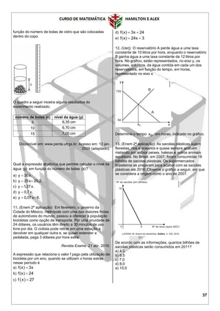 37
função do número de bolas de vidro que são colocadas
dentro do copo.
O quadro a seguir mostra alguns resultados do
experimento realizado.
número de bolas (x) nível da água (y)
5 6,35 cm
10 6,70 cm
15 7,05 cm
Disponível em: www.penta.ufrgs.br. Acesso em: 13 jan.
2009 (adaptado).
Qual a expressão algébrica que permite calcular o nível da
água (y) em função do número de bolas (x)?
a) y 30x.
b) y 25x 20,2. 
c) y 1,27x.
d) y 0,7x.
e) y 0,07x 6. 
11. (Enem 2ª aplicação) Em fevereiro, o governo da
Cidade do México, metrópole com uma das maiores frotas
de automóveis do mundo, passou a oferecer à população
bicicletas como opção de transporte. Por uma anuidade de
24 dólares, os usuários têm direito a 30 minutos de uso
livre por dia. O ciclista pode retirar em uma estação e
devolver em qualquer outra e, se quiser estender a
pedalada, paga 3 dólares por hora extra.
Revista Exame. 21 abr. 2010.
A expressão que relaciona o valor f pago pela utilização da
bicicleta por um ano, quando se utilizam x horas extras
nesse período é
a) f(x) 3x
b) f(x) 24
c)  f x 27
d) f(x) 3x 24 
e) f(x) 24x 3 
12. (Uerj) O reservatório A perde água a uma taxa
constante de 10 litros por hora, enquanto o reservatório
B ganha água a uma taxa constante de 12 litros por
hora. No gráfico, estão representados, no eixo y, os
volumes, em litros, da água contida em cada um dos
reservatórios, em função do tempo, em horas,
representado no eixo x.
Determine o tempo 0x , em horas, indicado no gráfico.
13. (Enem 2ª aplicação) As sacolas plásticas sujam
florestas, rios e oceanos e quase sempre acabam
matando por asfixia peixes, baleias e outros animais
aquáticos. No Brasil, em 2007, foram consumidas 18
bilhões de sacolas plásticas. Os supermercados
brasileiros se preparam para acabar com as sacolas
plásticas até 2016. Observe o gráfico a seguir, em que
se considera a origem como o ano de 2007.
De acordo com as informações, quantos bilhões de
sacolas plásticas serão consumidos em 2011?
a) 4,0
b) 6,5
c) 7,0
d) 8,0
e) 10,0
 