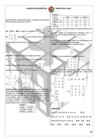 64
b) EXPLIQUE o significado de C23, o elemento da segunda
linha e terceira coluna da matriz C.
29. ( UFV – MG ) Sejam as matrizes 






21
64
A e










2
2
1
yx
M . Onde x e y são números reais e M é a
matriz inversa de A. Então o produto x. y é:
A) 0
B) – 3
C) 4
D) – 2
E) 3
30. (FIP) Considere a matriz de segunda ordem
21
32
A

 e seja A–1
sua inversa. Se a matriz B,
também de segunda ordem é dada por
75
32
B 
então a expressão   B.A.A
3215 
é igual a:
02.(FIP-2012) O Brasileirão 2011 contou com 20 clubes
que disputaram entre si, ponto a ponto, qual o melhor time
brasileiro da atualidade. A forma de pontuação manteve
igual a do ano passado, em que cada vitória valia 3 pontos
e os empates, apenas 1 ponto, conforme tabela 1. E para
se tornar campeão, todos os times disputaram, entre si,
em jogos de turno e returno; ao final, o time com mais
pontos sagrou-se o campeão brasileiro.
Na 33ª rodada do Campeonato Brasileiro 2011, o
resultado dos 4 últimos times era o que se lê na
tabela2:
Sabendo que cada tabela pode ser transformada em
uma matriz, temos a seguinte situação:
Tabela 1, que corresponde à seguinte matriz
Tabela 2, que corresponde à seguinte matriz
Nessa rodada do campeonato, qual matriz abaixo
corresponde ao resultado dos pontos para cada
equipe?
GABARITO
1) x = 1, y = 2, a = 2 e b = – 5 2) 12
3) y = 8 x = 2 4) x = –3; y = 3; z = 12; w = –6
5) m = 5; n = 2; q = –1; p = 2 6) B 7) D 8) A
9) E 10) C 11) B 12) B 13) D 14) B
 