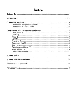 Índice
Sobre o Curso...........................................................................................................1
Introdução
..................................................................................................................2
O ambiente de testes................................................................................................3
Conhecendo o arquivo /etc/passwd..................................................................3
Conhecendo o comando grep...........................................................................4
Conhecendo cada um dos metacaracteres............................................................5
O circunflexo ^
...................................................................................................5
O cifrão $
...........................................................................................................5
A lista [].............................................................................................................6
O ponto ............................................................................................................7
As chaves {}......................................................................................................8
O curinga .* (AND)............................................................................................9
O ou | (OR)
......................................................................................................10
Os outros repetidores: ? * +............................................................................10
A lista negada [^].............................................................................................10
O intervalo em listas [−]
...................................................................................11
A tabela ASCII
..........................................................................................................12
A tabela dos metacaracteres.................................................................................13
Escapar ou não escapar?
.......................................................................................14
Para saber mais
.......................................................................................................15
i
 
