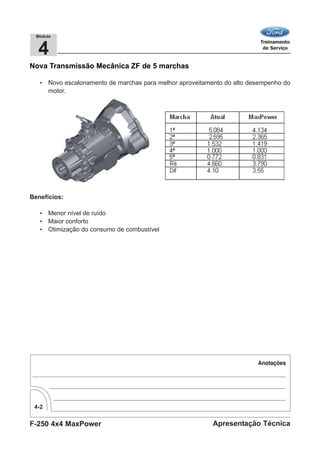 F-250 4x4 MaxPower
4-2
Apresentação Técnica
4
Módulo
Nova Transmissão Mecânica ZF de 5 marchas
• Novo escalonamento de marchas para melhor aproveitamento do alto desempenho do
motor.
Benefícios:
• Menor nível de ruído
• Maior conforto
• Otimização do consumo de combustível
 