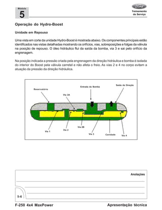 F-250 4x4 MaxPower
5-6
Apresentação técnica
5
Módulo
Operação do Hydro-Boost
Unidade em Repouso
Uma vista em corte da unidade Hydro-Boost é mostrada abaixo. Os componentes principais estão
identificados nas vistas detalhadas mostrando os orifícios, vias, sobreposições e folgas da válvula
na posição de repouso. O óleo hidráulico flui da saída da bomba, via 3 e sai pelo orifício da
engrenagem.
Na posição indicada a pressão criada pela engrenagem da direção hidráulica e bomba é isolada
do interior do Boost pela válvula carretel e não afeta o freio. As vias 2 e 4 no corpo evitam a
atuação da pressão da direção hidráulica.
Reservatório
Via 2A
Via 1
Entrada da Bomba
Saída da Direção
Via 2
Via 2B
Via 3 Cavidade Via 4
 