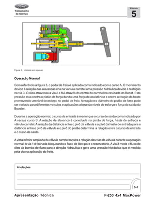 5-7
F-250 4x4 MaxPowerApresentação Técnica
5
Módulo
Figura 2 - Unidade em repouso
Operação Normal
Com referência à figura 3, o pedal de freio é aplicado como indicado com o curso A. O movimento
devido à relação das alavancas cria na válvula carretel uma pressão hidráulica devido à restrição
na via 3. O óleo atravessa a via 2 e flui através do centro do carretel na cavidade do Boost. Esta
pressão atua contra o pistão de força dando uma força de assistência e contra a reação da haste
promovendo um nível de esforço no pedal de freio. A reação e o diâmetro do pistão de força pode
ser variado para diferentes veículos e aplicações alterando níveis de esforço e força de saída do
Booster.
Durante a operação normal, o curso de entrada é menor que o curso de saída como indicado por
A versus curso B. A relação de alavanca é conectada no pistão de força, haste de entrada e
válvula carretel.A relação da distância entre o pivô da válvula e o pivô da haste de entrada para a
distância entre o pivô da válvula e o pivô do pistão determina a relação entre o curso de entrada
e o curso de saída.
A vista inferior ampliada da válvula carretel mostra a relação das vias da válvula durante a operação
normal. A via 1 é fechada bloqueando o fluxo de óleo para o reservatório. Avia 3 mede o fluxo de
óleo da bomba de fluxo para a direção hidráulica e gera uma pressão hidráulica que é medida
pela via na aplicação do freio.
 