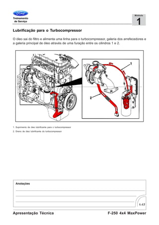 1-17
F-250 4x4 MaxPowerApresentação Técnica
1
Módulo
Lubrificação para o Turbocompressor
O óleo sai do filtro e alimenta uma linha para o turbocompressor, galeria dos arrefecedores e
a galeria principal de óleo através de uma furação entre os cilindros 1 e 2.
1. Suprimento de óleo lubrificante para o turbocompressor
2. Dreno de óleo lubrificante do turbocompressor
 