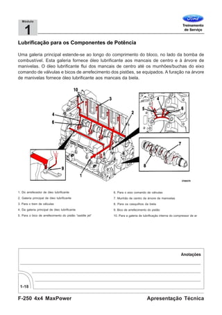 F-250 4x4 MaxPower
1-18
Apresentação Técnica
1
Módulo
Lubrificação para os Componentes de Potência
Uma galeria principal estende-se ao longo do comprimento do bloco, no lado da bomba de
combustível. Esta galeria fornece óleo lubrificante aos mancais de centro e à árvore de
manivelas. O óleo lubrificante flui dos mancais de centro até os munhões/buchas do eixo
comando de válvulas e bicos de arrefecimento dos pistões, se equipados. A furação na árvore
de manivelas fornece óleo lubrificante aos mancais da biela.
1. Do arrefecedor de óleo lubrificante
2. Galeria principal de óleo lubrificante
3. Para o trem de válvulas
4. Da galeria principal de óleo lubrificante
5. Para o bico de arrefecimento do pistão “saddle jet”
6. Para o eixo comando de válvulas
7. Munhão de centro da árvore de manivelas
8. Para os casquilhos da biela
9. Bico de arrefecimento do pistão
10. Para a galeria de lubrificação interna do compressor de ar
 