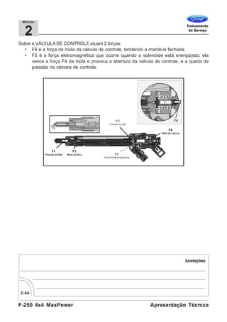 F-250 4x4 MaxPower
2-44
Apresentação Técnica
2
Módulo
Sobre a VÁLVULA DE CONTROLE atuam 2 forças:
• F4 é a força da mola da válvula de controle, tendendo a mantê-la fechada;
• F5 é a força eletromagnética que ocorre quando o solenóide está energizado; ela
vence a força F4 da mola e provoca a abertura da válvula de controle, e a queda da
pressão na câmara de controle.
 