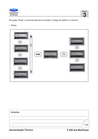 3-9
F-250 4x4 MaxPowerApresentação Técnica
3
Módulo
Na opção “Teste”, é possível executar as funções “Código de defeito” e “Leituras”.
• Testes
 