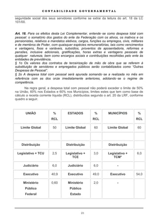 CONTABILIDADE             GOVERNAMENTAL

seguridade social dos seus servidores conforme se extrai da leitura do art. 18 da LC
101/00.


Art. 18. Para os efeitos desta Lei Complementar, entende‑se como despesa total com
pessoal: o somatório dos gastos do ente da Federação com os ativos, os inativos e os
pensionistas, relativos a mandatos eletivos, cargos, funções ou empregos, civis, militares
e de membros de Poder, com quaisquer espécies remuneratórias, tais como vencimentos
e vantagens, fixas e variáveis, subsídios, proventos da aposentadoria, reformas e
pensões, inclusive adicionais, gratificações, horas extras e vantagens pessoais de
qualquer natureza, bem como encargos sociais e contribuições recolhidas pelo ente às
entidades de previdência.
§ 1o Os valores dos contratos de terceirização de mão de obra que se referem à
substituição de servidores e empregados públicos serão contabilizados como “Outras
Despesas de Pessoal”.
§ 2o A despesa total com pessoal será apurada somando‑se a realizada no mês em
referência com as dos onze imediatamente anteriores, adotando‑se o regime de
competência.
       Na regra geral, a despesa total com pessoal não poderá exceder o limite de 50%
na União, 60% nos Estados e 60% nos Municípios, limites estes que tem como base de
cálculo a receita corrente líquida (RCL), distribuídos segundo o art. 20 da LRF, conforme
quadro a seguir.



       UNIÃO              %          ESTADOS           %         MUNICÍPIOS           %
                         RCL                          RCL                            RCL

   Limite Global          50       Limite Global       60        Limite Global        60




    Distribuição                    Distribuição                 Distribuição

 Legislativo + TCU        2,5      Legislativo +       3,0       Legislativo +       6,0
                                       TCE                          TCM*

     Judiciário           6,0        Judiciário        6,0             -

     Executivo           40,9        Executivo        49,0        Executivo          54,0

     Ministério          0,60        Ministério        2,0             -
       Público                        Público
       Federal                        Estado




                                               21
 
