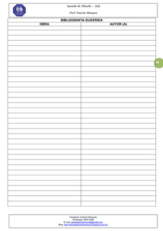 Apostila de Filosofia – 2015
Prof. Antonio Marques
Facebook: Antonio Marques
Whatsapp: 9634.0288
E-mail: planedoenharmonio@gmail.com
Blog: http://buscadacompreensao.blogspot.com.br/
80
BIBLIOGRAFIA SUGERIDA
OBRA AUTOR (A)
 