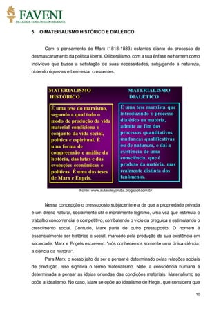 10
5 O MATERIALISMO HISTÓRICO E DIALÉTICO
Com o pensamento de Marx (1818-1883) estamos diante do processo de
desmascaramento da política liberal. O liberalismo, com a sua ênfase no homem como
indivíduo que busca a satisfação de suas necessidades, subjugando a natureza,
obtendo riquezas e bem-estar crescentes.
Fonte: www.aulasdeyoruba.blogspot.com.br
Nessa concepção o pressuposto subjacente é a de que a propriedade privada
é um direito natural, socialmente útil e moralmente legítimo, uma vez que estimula o
trabalho concorrencial e competitivo, combatendo o vício da preguiça e estimulando o
crescimento social. Contudo, Marx parte de outro pressuposto. O homem é
essencialmente ser histórico e social, marcado pela produção de sua existência em
sociedade. Marx e Engels escrevem: "nós conhecemos somente uma única ciência:
a ciência da história".
Para Marx, o nosso jeito de ser e pensar é determinado pelas relações sociais
de produção. Isso significa o termo materialismo. Nele, a consciência humana é
determinada a pensar as ideias oriundas das condições materiais. Materialismo se
opõe a idealismo. No caso, Marx se opõe ao idealismo de Hegel, que considera que
 