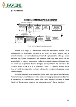 48
25 PATRÍSTICA
Fonte: www.corujasapiens.wordpress.com
Desde que surgiu o cristianismo, tornou-se necessário explicar seus
ensinamentos às autoridades romanas e ao povo em geral. Mesmo com o
estabelecimento e a consolidação da doutrina cristã, a Igreja católica sabia que esses
preceitos não podiam simplesmente ser impostos pela força. Eles tinham de ser
apresentados de maneira convincente, mediante um trabalho de conquista espiritual.
Foi assim que os primeiros Padres da Igreja se empenharam na elaboração de
inúmeros textos sobre a fé e a revelação cristãs. O conjunto desses textos
ficou conhecido como patrística por terem sido escritos principalmente pelos grandes
Padres da Igreja.
Uma das principais correntes da filosofia patrística, inspirada na filosofia Greco-
Romana, tentou munir a fé de argumentos racionais. Esse projeto de conciliação entre
o cristianismo e o pensamento pagão teve como principal expoente o Padre
Agostinho. “Compreender para crer, crer para compreender”. (Santo Agostinho)
 