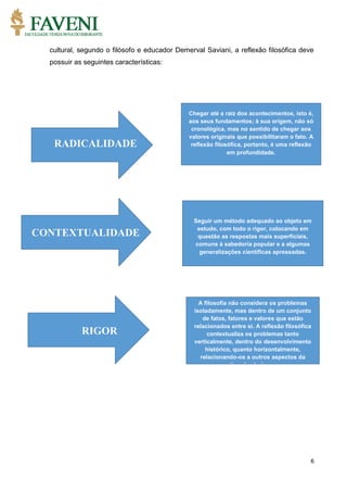 6
cultural, segundo o filósofo e educador Demerval Saviani, a reflexão filosófica deve
possuir as seguintes características:
RADICALIDADE
Chegar até a raiz dos acontecimentos, isto é,
aos seus fundamentos; à sua origem, não só
cronológica, mas no sentido de chegar aos
valores originais que possibilitaram o fato. A
reflexão filosófica, portanto, é uma reflexão
em profundidade.
RIGOR
Seguir um método adequado ao objeto em
estudo, com todo o rigor, colocando em
questão as respostas mais superficiais,
comuns à sabedoria popular e a algumas
generalizações científicas apressadas.
CONTEXTUALIDADE
A filosofia não considera os problemas
isoladamente, mas dentro de um conjunto
de fatos, fatores e valores que estão
relacionados entre si. A reflexão filosófica
contextualiza os problemas tanto
verticalmente, dentro do desenvolvimento
histórico, quanto horizontalmente,
relacionando-os a outros aspectos da
situação da época.
 