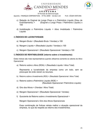 A R A R U A M A
5º Período de Administração
Apostila : FINANÇAS CORPORATIVAS - 5º Per.ADM - Versão 3.10 Prof.: CÉSAR VENTURA
21
c) Relação do Exigível de Longo Prazo e o Patrimônio Líquido (Grau de
Endividamento) = (Exigível a Longo Prazo / Patrimônio Líquido) x
100
d) Imobilização o Patrimônio Líquido = Ativo Imobilizado / Patrimônio
Líquido
4) ÍNDICES DE LUCRATIVIDADE:
a) Margem Bruta = (Resultado Bruto / Vendas) x 100
b) Margem Líquida = (Resultado Líquido / Vendas) x 100
c) Margem Operacional = (Resultado Operacional / Vendas) x 100
5) ÍNDICES DE RENTABILIDADE (retorno sobre o investimento):
Estes índices são mais representativos quando utilizamos somente os valores do Ativo
Operacional
a) Retorno sobre o Ativo (ROA) = (Resultado Líquido / Ativo Total)
Representa a lucratividade da empresa como um todo, sem se
preocupar de onde vieram os recursos.
b) Retorno sobre o Investimento (ROI) = (Resultado Operacional / Ativo Total)
c) Retorno sobre o Patrimônio Líquido (ROE) =
(Resultado Operacional / Patrimônio Líquido)
d) Giro dos Ativos = (Vendas / Ativo Total)
e) Margem Operacional = (Resultado Operacional / Vendas)
f) Quociente de Retorno sobre o Investimento Operacional =
Margem Operacional x Giro dos Ativos Operacionais
Essa combinação de Índices retrata melhor a situação operacional da
empresa, no que diz respeito ao retorno dos investimentos.
 