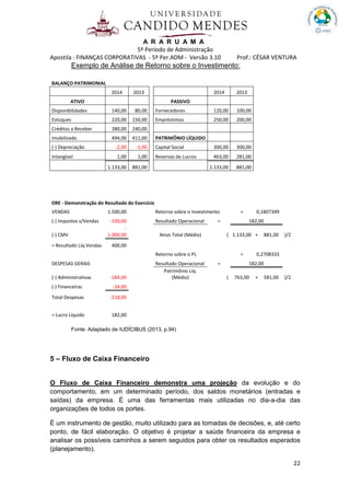A R A R U A M A
5º Período de Administração
Apostila : FINANÇAS CORPORATIVAS - 5º Per.ADM - Versão 3.10 Prof.: CÉSAR VENTURA
22
Exemplo de Análise de Retorno sobre o Investimento:
BALANÇO PATRIMONIAL
2014 2013 2014 2013
ATIVO PASSIVO
Disponibilidades 140,00 80,00 Fornecedores 120,00 100,00
Estoques 220,00 150,00 Empréstimos 250,00 200,00
Créditos a Receber 280,00 240,00
Imobilizado 494,00 411,00 PATRIMÔNIO LÍQUIDO
(-) Depreciação -2,00 -1,00 Capital Social 300,00 300,00
Intangível 1,00 1,00 Reservas de Lucros 463,00 281,00
1.133,00 881,00 1.133,00 881,00
DRE - Demonstração do Resultado do Exercício
VENDAS 1.500,00 Retorno sobre o Investimento = 0,1807349
(-) Impostos s/Vendas -100,00 Resultado Operacional = 182,00
(-) CMV
-
1.000,00 Ativo Total (Médio) ( 1.133,00 + 881,00 )/2
= Resultado Líq.Vendas 400,00
Retorno sobre o PL = 0,2708333
DESPESAS GERAIS Resultado Operacional = 182,00
(-) Administrativas -184,00
Patrimônio Líq.
(Médio) ( 763,00 + 581,00 )/2
(-) Financeiras -34,00
Total Despesas -218,00
= Lucro Líquido 182,00
Fonte: Adaptado de IUDÍCIBUS (2013, p.94)
5 – Fluxo de Caixa Financeiro
O Fluxo de Caixa Financeiro demonstra uma projeção da evolução e do
comportamento, em um determinado período, dos saldos monetários (entradas e
saídas) da empresa. É uma das ferramentas mais utilizadas no dia-a-dia das
organizações de todos os portes.
É um instrumento de gestão, muito utilizado para as tomadas de decisões, e, até certo
ponto, de fácil elaboração. O objetivo é projetar a saúde financeira da empresa e
analisar os possíveis caminhos a serem seguidos para obter os resultados esperados
(planejamento).
 