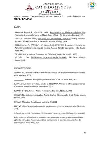 A R A R U A M A
5º Período de Administração
Apostila : FINANÇAS CORPORATIVAS - 5º Per.ADM - Versão 3.10 Prof.: CÉSAR VENTURA
35
REFERÊNCIAS:
OUTRAS REFERÊNCIAS:
ASSAF NETO, Alexandre - Estrutura e Análise de Balanços: um enfoque econômico e financeiro.
Atlas, São Paulo, 2002.
__________., Alexandre. Finanças corporativas e valor. 7. ed. São Paulo: Atlas, 2014.
CARAVANTES, Geraldo R; PANNO, Cláudia C; KLOECKNER, Mônica C. Administração: teorias
e processos. São Paulo: Pearson Prentice Hall, 2005.
CASAROTTO FILHO, Nelson - Análise de Investimentos. Atlas, São Paulo, 1996.
CHIAVENATO, Idalberto. Introdução à Teoria Geral da Administração. 6. ed. Rio de Janeiro,
Elsevier, 2000.
FIPECAFI - Manual de Contabilidade Societária, Ano 2010
FREZZAT, Fábio - Orçamento Empresarial: planejamento e controle qerencial. Atlas, São Paulo,
2002.
GITMAN, Lawrence J. Princípios de Administração Financeira. 10. ed. São Paulo: Pearson, 2005
HOJI, Masakazu. Administração financeira: uma abordagem prática: matemática financeira
aplicada, estratégias financeiras, análise, planejamento e controle financeiro: livro de
exercícios. São Paulo: Atlas, 2004.
BÁSICA:
BRIGMAN, Eugene F., HOUSTON, Joel F.. Fundamentos da Moderna Administração
Financeira, tradução de Maria Imilda da Costa e Silva – Rio de Janeiro: Campus 1999
GITMAN, Lawrence Jeffrey. Princípios de Administração Financeira; tradução técnica
Antonio Zoratto Sanvicente. – São Paulo: Addison Wesley, 2004.
ROSS, Stephen A., RANDOLPH W. Westerfield, BRADFORD D. Jordan. Princípios de
Administração Financeira; revisão técnica Antonio Zoratto Sanvicente – São Paulo:
Atlas 2000.
TREHERZ, Rolf M. Análise Financeira por Objetivos. São Paulo: Pioneira 1999
WESTON, J. Fred. Fundamentos da Administração Financeira. São Paulo: Makron
Books, 2000.
 