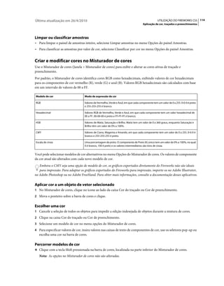 Última atualização em 26/4/2010                                                                    UTILIZAÇÃO DO FIREWORKS CS5 114
                                                                                      Aplicação de cor, traçados e preenchimentos




Limpar ou classificar amostras
• Para limpar o painel de amostras inteiro, selecione Limpar amostras no menu Opções do painel Amostras.
• Para classificar as amostras por valor de cor, selecione Classificar por cor no menu Opções do painel Amostras.


Criar e modificar cores no Misturador de cores
Use o Misturador de cores (Janela > Misturador de cores) para exibir e alterar as cores ativas de traçado e
preenchimento.
Por padrão, o Misturador de cores identifica cores RGB como hexadecimais, exibindo valores de cor hexadecimais
para os componentes de cor vermelho (R), verde (G) e azul (B). Valores RGB hexadecimais são calculados com base
em um intervalo de valores de 00 a FF.

Modelo de cor                       Modo de expressão de cor

RGB                                 Valores de Vermelho, Verde e Azul, em que cada componente tem um valor de 0 a 255. 0-0-0 é preto
                                    e 255-255-255 é branco.

Hexadecimal                         Valores RGB de Vermelho, Verde e Azul, em que cada componente tem um valor hexadecimal de
                                    00 a FF. 00-00-00 é preto e FF-FF-FF é branco.

HSB                                 Valores de Matiz, Saturação e Brilho. Matiz tem um valor de 0 a 360 graus, enquanto Saturação e
                                    Brilho têm um valor de 0% a 100%.

CMY                                 Valores de Ciano, Magenta e Amarelo, em que cada componente tem um valor de 0 a 255. 0-0-0 é
                                    branco e 255-255-255 é preto.

Escala de cinza                     Uma porcentagem de preto. O componente de Preto (K) único tem um valor de 0% a 100%, no qual
                                    0 é branco, 100 é preto e os valores intermediários são tons de cinza.


Você pode selecionar modelos de cor alternativos no menu Opções do Misturador de cores. Os valores de componente
da cor atual são alterados com cada novo modelo de cor.
   Embora o CMY seja uma opção de modelo de cor, os gráficos exportados diretamente do Fireworks não são ideais
   para impressão. Para adaptar os gráficos exportados do Fireworks para impressão, importe-os no Adobe Illustrator,
no Adobe Photoshop ou no Adobe FreeHand. Para obter mais informações, consulte a documentação desses aplicativos.

Aplicar cor a um objeto de vetor selecionado
1 No Misturador de cores, clique no ícone ao lado da caixa Cor do traçado ou Cor de preenchimento.
2 Mova o ponteiro sobre a barra de cores e clique.


Escolher uma cor
1 Cancele a seleção de todos os objetos para impedir a edição indesejada de objetos durante a mistura de cores.
2 Clique na caixa Cor do traçado ou Cor de preenchimento.
3 Selecione um modelo de cor no menu opções do Misturador de cores.
4 Para especificar valores de cor, insira valores nas caixas de texto de componentes de cor, use os seletores pop-up ou
   escolha uma cor na barra de cores.

Percorrer modelos de cor
❖ Clique com a tecla Shift pressionada na barra de cores, localizada na parte inferior do Misturador de cores.

   Nota: As opções no Misturador de cores não são alteradas.
 
