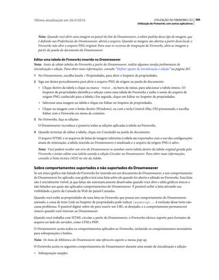 Última atualização em 26/4/2010                                                            UTILIZAÇÃO DO FIREWORKS CS5 266
                                                                              Utilização do Fireworks com outros aplicativos



   Nota: Quando você abrir uma imagem no painel do Site do Dreamweaver, o editor padrão desse tipo de imagem, que
   é definido nas Preferências do Dreamweaver, abrirá o arquivo. Quando as imagens são abertas a partir desse local, o
   Fireworks não abre o arquivo PNG original. Para usar os recursos de integração do Fireworks, abra as imagens a
   partir da janela do documento do Dreamweaver.

Editar uma tabela do Fireworks inserida no Dreamweaver
Nota: Antes de editar tabelas do Fireworks a partir do Dreamweaver, realize algumas tarefas preliminares de
inicialização e edição. Para obter mais informações, consulte “Definir opções de inicialização e edição” na página 267.
1 No Dreamweaver, escolha Janela > Propriedades, para abrir o Inspetor de propriedades.
2 Siga um destes procedimentos para abrir o arquivo PNG de origem na janela do documento:
   • Clique dentro da tabela e clique na marca TABLE , na barra de status, para selecionar a tabela inteira. (O
     Inspetor de propriedades identifica a seleção como uma tabela do Fireworks e exibe o nome do arquivo de
     origem PNG conhecido para a tabela.) Em seguida, clique em Editar no Inspetor de propriedades.
   • Selecione uma imagem na tabela e clique em Editar no Inspetor de propriedades.
   • Clique na imagem com o botão direito (Windows), ou com a tecla Control (Mac OS) pressionada, e escolha
     Editar com o Fireworks no menu de contexto.
3 No Fireworks, faça as edições.
   O Dreamweaver reconhece e preserva todas as edições aplicadas à tabela no Fireworks.
4 Quando terminar de editar a tabela, clique em Concluído na janela do documento.
   O arquivo HTML e os arquivos de fatias de imagem referentes à tabela são exportados com o uso das configurações
   atuais de otimização, a tabela inserida no Dreamweaver é atualizada e o arquivo de origem PNG é salvo.
   Nota: Você poderá receber um erro do Dreamweaver se aninhar outra tabela dentro da tabela original gerada pelo
   Fireworks e tentar editar essa tabela usando a edição Circular no Dreamweaver. Para obter mais informações,
   consulte a Nota técnica 19232 no site da Adobe.

Sobre comportamentos suportados e não suportados do Dreamweaver
Se um único gráfico não fatiado do Fireworks for inserido em um documento do Dreamweaver, e um comportamento
do Dreamweaver for aplicado, esse gráfico terá uma fatia sobre ele quando for aberto e editado no Fireworks. Essa fatia
não é inicialmente visível, já que fatias são automaticamente desativadas quando você abre e edita gráficos únicos e
não fatiados aos quais são aplicados comportamentos do Dreamweaver. É possível exibir a fatia ativando sua
visibilidade a partir da Camada da Web do painel Camadas.
Quando você exibe as propriedades de uma fatia no Fireworks que possui um comportamento do Dreamweaver
anexado, a caixa de texto Link no Inspetor de propriedades pode indicar javascript:;. A exclusão desse texto não
causa problemas. É possível digitar sobre ele para inserir um URL, se desejado, e o comportamento permanecerá
intacto quando você retornar ao Dreamweaver.
Quando você trabalha com HTML circular a partir do Dreamweaver, o Fireworks oferece suporte para formatos de
arquivo no lado do servidor, como CFM e PHP.
O Dreamweaver aceita todos os comportamentos aplicados ao Fireworks, incluindo os comportamentos necessários
para sobreposições e botões.
Nota: Os itens de biblioteca do Dreamweaver não oferecem suporte a menus pop-up.
O Fireworks aceita os seguintes comportamentos do Dreamweaver durante uma sessão de inicialização e edição:
• Sobreposição simples
 