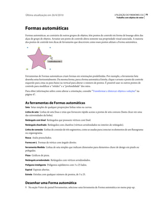 Última atualização em 26/4/2010                                                        UTILIZAÇÃO DO FIREWORKS CS5 79
                                                                                         Trabalho com objetos de vetor




Formas automáticas
Formas automáticas, ao contrário de outros grupos de objetos, têm pontos de controle em forma de losango além das
alças de grupo de objetos. Arrastar um ponto de controle altera somente sua propriedade visual associada. A maioria
dos pontos de controle tem dicas de ferramenta que descrevem como esses pontos afetam a Forma automática.




Ferramentas de Formas automáticas criam formas em orientações predefinidas. Por exemplo, a ferramenta Seta
desenha setas horizontalmente. Da mesma forma, para a forma automática Estrela, clique e arraste o ponto de controle
esquerdo para cima ou para baixo na vertical para alterar o número de pontos. É possível usar os outros pontos de
controle para modificar a “nitidez” e a “profundidade” dos raios.
Para obter informações sobre como alterar a orientação, consulte “Transformar e distorcer objetos e seleções” na
página 47.


As ferramentas de Formas automáticas
Seta Setas simples de qualquer proporçãoe linhas retas ou curvas.

Linha de seta Linhas de seta finas e retas que fornecem rápido acesso a pontas de seta comuns (basta clicar em uma
das extremidades da linha).
Retângulo com bisel Retângulos que possuem vértices com bisel.

Retângulo chanfrado Retângulos com chanfros (vértices arredondados no interior do retângulo).

Linha de conexão Linhas de conexão de três segmentos, como as usadas para conectar os elementos de um fluxograma
ou organograma.
Rosca Anéis preenchidos.

Forma em L Formas de vértice com ângulo direito.

ferramenta Medida Linhas de seta simples que indicam dimensões para elementos-chave de design em pixels ou
polegadas.
Pizza Gráficos de pizza.

Retângulo arredondado Retângulos com vértices arredondados.

Polígono inteligente Polígonos eqüiláteros com 3 a 25 lados.

Espiral Espirais abertas.

Estrela Estrelas com qualquer número de pontos, de 3 a 25.


Desenhar uma Forma automática
1 Na seção Vetor do painel Ferramentas, selecione uma ferramenta de Forma automática no menu pop-up.
 