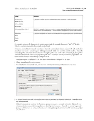 Última atualização em 26/4/2010                                                                      UTILIZAÇÃO DO FIREWORKS CS5 185
                                                                                             Fatias, sobreposições e pontos de acesso




Opção                            Descrição

N° fatia (1,2,3...)              O elemento é rotulado numérica ou alfabeticamente, de acordo com o estilo selecionado.

N° fatia (01,02,03...)

N° fatia (A,B,C...)

N° fatia (a,b,c...)

linha/coluna (r3_c2, r4_c7...)   Linha (r##) e Coluna (c##) designam as linhas e as colunas da tabela utilizada pelos navegadores da Web
                                 para reconstruir uma imagem fatiada. É possível usar essas informações na convenção de nomeação.

Sublinhado                       O elemento usa qualquer um desses caracteres geralmente como separadores entre outros elementos.

Ponto

Espaço

Hífen


Por exemplo, se o nome do documento for meudoc, a convenção de nomeação doc.nome + "fatia" + N° da fatia
(A,B,C...) resultará em uma fatia denominada meudocfatiaA.
Por padrão, se uma fatia tiver mais de um estado, o Fireworks adicionará um número ao arquivo de cada estado. Por
exemplo, se você inserir o nome de arquivo de fatia personalizado início para um botão com três estados, o Fireworks
nomeará o gráfico com estado Pressionado como início.gif, o gráfico com estado Sobre como início_f2.gif e o gráfico
como estado Pressionado como início_f3.gif. Você pode criar a sua própria convenção de nomeação para fatias com
vários estados, usando a caixa de diálogo Configurar HTML.
1 Selecione Arquivo > Configurar HTML para abrir caixa de diálogo Configurar HTML para.
2 Clique na guia Específico do documento.
3 Na seção Nomes de arquivo de fatia, crie uma nova convenção de nomeação selecionando-a nas listas.




4 (Opcional) Para definir essas informações como o padrão para todos os novos documentos do Fireworks, clique
   em Definir padrões.
   Nota: Preste atenção ao selecionar Nenhum como opção de menu para a nomeação automática de fatias. Se você
   selecionar Nenhum como opção para qualquer um dos três primeiros menus, o Fireworks irá exportar arquivos de
   fatia que substituem uns aos outros, resultando em um único gráfico exportado e em uma tabela que exibe esse gráfico
   em cada célula.
 
