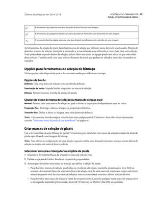 Última atualização em 26/4/2010                                                                      UTILIZAÇÃO DO FIREWORKS CS5 40
                                                                                                  Seleção e transformação de objetos




           A ferramenta Laço seleciona uma área de pixels de forma livre em uma imagem.


           A ferramenta Laço poligonal seleciona uma área de pixels de forma livre com borda reta em uma imagem.


           A ferramenta Varinha mágica seleciona uma área de pixels semelhantemente coloridos em uma imagem.



As ferramentas de seleção de pixels desenham marcas de seleção que definem a área de pixels selecionados. Depois de
desenhar a marca de seleção, manipule-a movendo-a, acrescentando-a ou utilizando-a como base para outra seleção.
Você pode editar os pixels dentro da seleção, aplicar filtros aos pixels ou apagar pixels sem afetar os que estão além
dessa seleção. Também pode criar uma seleção flutuante de pixels que podem ser editados, movidos, recortados ou
copiados.


Opções para ferramentas de seleção de bitmaps
Várias opções estão disponíveis para as ferramentas usadas para selecionar bitmaps.

Opções de borda
Definida Cria uma marca de seleção com uma borda definida.

Suavização de borda Impede bordas irregulares na marca de seleção.

Difusão Permite suavizar a borda da seleção de pixels.


Opções de estilo de Marca de seleção ou Marca de seleção oval
Normal Permite criar uma marca de seleção na qual a altura e a largura são independentes uma da outra.

Proporção fixa Restringe a altura e a largura a proporções definidas.

Tamanho fixo Define a altura e a largura para uma dimensão definida.

Nota: A ferramenta Varinha mágica também tem uma configuração de Tolerância. Para obter mais informações,
consulte “Selecionar áreas de pixels de cor semelhante” na página 41.


Criar marcas de seleção de pixels
Use as ferramentas na seção Bitmap do painel Ferramentas para desenhar uma marca de seleção ao redor de áreas de
pixels específicas de uma imagem de bitmap.
Nota: Para alterar as configurações de uma seleção enquanto utiliza uma dessas ferramentas, marque a caixa Marca de
seleção em tempo real antes de fazer a seleção.

Selecionar uma área retangular ou elíptica de pixels
1 Selecione a ferramenta Marca de seleção ou Marca de seleção oval.
2 Defina as opções de Estilo e Borda no Inspetor de propriedades.
3 Arraste para desenhar uma marca de seleção, que define a seleção de pixels.
   • Para desenhar marcas de seleção quadradas ou circulares adicionais, mantenha pressionada a tecla Shift ao
      arrastar a ferramenta Marca de seleção ou Marca de seleção oval. Se uma marca de seleção em tempo real estiver
      ativada enquanto você faz uma série de seleções, esse recurso afetará somente a última seleção da série.
   • Para desenhar uma marca de seleção a partir de um ponto central, cancele qualquer outra marca de seleção ativa
      e, em seguida, mantenha pressionada a tecla Alt (Windows), ou Option (Mac OS), ao desenhar.
 