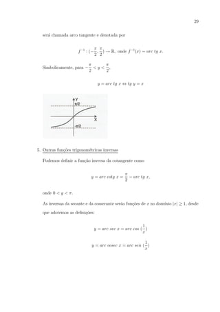 29
ser´ chamada arco tangente e denotada por
a
π π
f −1 : (− , ) → R, onde f −1 (x) = arc tg x.
2 2
Simbolicamente, para −

π
π
<y< ,
2
2
y = arc tg x ⇔ tg y = x

5. Outras fun¸oes trigonom´tricas inversas
c˜
e
Podemos deﬁnir a fun¸ao inversa da cotangente como
c˜

y = arc cotg x =

π
− arc tg x,
2

onde 0 < y < π.
As inversas da secante e da cossecante ser˜o fun¸oes de x no dom´ |x| ≥ 1, desde
a
c˜
ınio
que adotemos as deﬁni¸oes:
c˜
1
y = arc sec x = arc cos ( )
x
1
y = arc cosec x = arc sen ( )
x

 