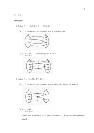 5
f (x) ∈ B.
Exemplos:
1. Sejam A = {1, 2, 3, 4} e B = {2, 3, 4, 5}.
(a) f : A → B dada pelo diagrama abaixo ´ uma fun¸ao.
e
c˜

(b) g : A → B
x→x+1

´ uma fun¸ao de A em B.
e
c˜

2. Sejam A = {3, 4, 5} e B = {1, 2}.
(a) f : A → B dada pelo diagrama abaixo n˜o ´ uma fun¸ao de A em B.
a e
c˜

(b) g : A → B
x→x−3
N˜o ´ uma fun¸ao de A em B, pois o elemento 3 ∈ A n˜o tem correspondente
a e
c˜
a
em B.

 