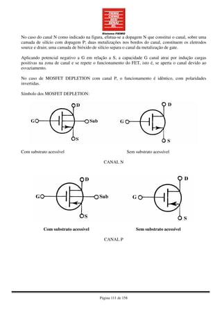 Página 111 de 158
No caso do canal N como indicado na figura, efutua-se a dopagem N que constitui o canal, sobre uma
camada de silício com dopagem P; duas metalizações nos bordos do canal, constituem os eletrodos
source e drain; uma camada de bióxido de silício separa o canal da metalização de gate.
Aplicando potencial negativo a G em relação a S, a capacidade G canal atrai por indução cargas
positivas na zona de canal e se repete o funcionamento do FET, isto é, se aperta o canal devido ao
esvaziamento.
No caso de MOSFET DEPLETION com canal P, o funcionamento é idêntico, com polaridades
invertidas.
Símbolo dos MOSFET DEPLETION:
Com substrato acessível Sem substrato acessível
CANAL N
Com substrato acessível Sem substrato acessível
CANAL P
 