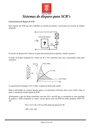 Página 125 de 158
Sistemas de disparo para SCR’s
Características de disparo do SCR
Para disparar um SCR que deve trabalhar no sistema de disparo, é necessário um circuito de disparo
adequado.
O circuito de disparo deve fornecer ao gate uma tensão positiva quando o ânodo é positivo.
O ponto de disparo depende dos valores de IG e VG conforme uma curva característica dada pelo
construtor.
A característica do disparo, VG = f (IG), é aquela do diodo gate-catodo.
Dada a dificuldade em realizar junções iguais, os construtores fornecem duas curvas limite, entre as
quais é certamente situada aquela do SCR.
Alimentando o gate do diodo controlado com uma VG e uma IG que se encontram na zona tracejada
do gráfico, o SCR certamente se insere; valores típicos para um SCR de média potência, (BTY 87)
são:
VG > 3,5 V; IG > 65 mA; PG média dissipável 0,5 W,
( PG = VG . IG)
 