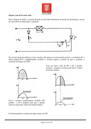 Página 127 de 158
Disparo com IG de meia onda
Para o disparo do SCR, a corrente IG pode ser derivada diretamente da tensão de alimentação, através
de uma rede de estabilização e regulação.
No circuito diodo providencia a fazer circular a IG apenas no semi-período positivo, a resistência R1 a
limita quando RV é completamente excluído; o reostato regula a corrente de gate e, portanto, o
momento de disparo do SCR.
Com o reostato completamente incluído (RV
grande) , a IG é pequena pelo que o disparo
realiza-se para altos valores de tensão anódica.
Com um baixo valor de RV a IG é grande,
portanto, o disparo se realiza para baixos valores
de tensão anódica.
O sistema permite o controle de alguns graus, até 90º.
 