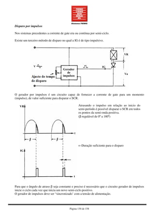 Página 130 de 158
Disparo por impulsos
Nos sistemas precedentes a corrente de gate era ou contínua por semi-ciclo.
Existe um terceiro método de disparo no qual a IG é de tipo impulsivo.
O gerador por impulsos é um circuito capaz de fornecer a corrente de gate para um momento
(impulso), de valor suficiente para disparar o SCR.
Atrasando o impulso em relação ao inicio do
semi-período é possível disparar o SCR em todos
os pontos da semi-onda positiva.
(β regulável de 0º a 180º)
←Duração suficiente para o disparo
Para que o ângulo de atraso β seja constante e preciso é necessário que o circuito gerador de impulsos
inicie o ciclo cada vez que inicia um novo semi-ciclo positivo.
O gerador de impulsos deve ser “sincronizado’ com a tensão de alimentação.
 