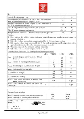 Página 145 de 158
4)
corrente de pico de gate - IGM 1 A
pico de dissipação em potência de gate PGM, a (ou abaixo de)
85ºC no encapsulamento (larg. de pulso 200µs)
2,2 W
dissipação em potência, média , de gate, PG (av), a (ou abaixo
de) ºC no encapsulamento (nota 5)
0,9 W
faixa de temperatura do encapsulamento, em operação -40 a 110 ºC
faixa de temperatura de armazenagem -40 a 125 ºC
Temperatura dos terminais a 1,5 mm do encapsulamento, por 10 s 230 ºC
NOTAS:
1. Esses valores são válidos bidirecionalmente para todo valor de resistência entre o gate e o
terminal principal 1.
2. Este valor é válido para senóide onda completa, 50 a 60 Hz, com carga resistiva.
3. Este valor é válido para uma senóide de 60 Hz, onda completa, quando dispositivo estiver
operando no (ou abaixo do) valor dado de corrente em operação.
4. O mesmo que a nota 3, porém com senóide meia onda.
5. Este valor é válido para um tempo máximo de 16,6 ms.
Características elétricas a 25ºC de temperatura do encapsulamento
MIN. TÍPICO MAX. UNID.
IDRM – corrente de pico repetitiva, com o TRIAC
desativado
±2 mA
IGTM – corrente de pico de gatilhamento de gate
15
-25
50
-50
mA
VGTM – tensão de pico de gatilhamento de gate
0,9
-1,2
2,5
-2,5
V
VTM – tensão de pico, em operação ±2,1 V
IH –corrente de retenção
20
-30
60
-60
mA
IL – corrente de “Iatching”
30
-40
70
-70
mA
dv/dt – taxa crítica de subida da tensão, com
TRIAC desativado
500 V/ µs
dv/dt – taxa crítica de subida da tensão de
comutação
5 V/ µs
Características térmicas
MAX. UNID.
RQJC – resistência térmica junção-encapsulamento
RQJA – resistência térmica junção-ambiente
1,8
62,5
ºC/W
ºC/W
SÉRIE TIC 236 –
TRIAC´S
- 12 A e 16 A
- 200 V e 400 V
 