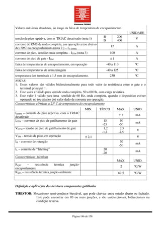 Página 146 de 158
Valores máximos absolutos, ao longo da faixa de temperatura de encapsulamento
UNIDADE
tensão de pico repetiva, com o TRIAC desativado (nota 1)
B
D
200
400
V
corrente de RMS de onda completa, em operação a (ou abaixo
de) 70ºC no encapsulamento (nota 2 ) – IT (RMS)
12 A
corrente de pico, senóide onda completa – ITSM (nota 3) 100 A
corrente de pico de gate - IGM ± 1 A
faixa de temperaturas do encapsulamento, em operação -40 a 110 ºC
faixa de temperaturas de armazenagem -40 a 125 ºC
temperatura dos terminais a 1,5 mm do encapsulamento. 230 ºC
NOTAS:
1. Esses valores são válidos bidirecionalmente para todo valor de resistência entre o gate e o
terminal principal 1.
2. Este valor é válido para senóide onda completa, 50 a 60 Hz, com carga resistiva.
3. Este valor é válido para uma senóide de 60 Hz, onda completa, quando o dispositivo estiver
operando no (ou abaixo do) valor dado de corrente em operação.
Características elétricas a 25º C de temperatura do encapsulamento
MIN. TÍPICO MAX. UNID.
IIDRM – corrente de pico repetiva, com o TRIAC
desativado
± 2 mA
IGTM – corrente de pico de gatilhamento de gate 15
-25
50
-50
mA
VGTM – tensão de pico de gatilhamento de gate 1,2
-1,2
2,5
-2,5
V
VTM – tensão de pico, em operação ± 2,1 V
IH - corrente de retenção 50
-50
mA
IL – corrente de “Iatching” 20
-20
mA
Características térmicas
MÁX. UNID.
RQJC – resistência térmica junção-
encapsulamento
2 ºC/W
RQJA – resistência térmica junção-ambiente 62,5 ºC/W
Definição e aplicações dos tiristores componentes gatilhados
TIRISTOR: Mecanismo semi-condutor biestável, que pode chavear entre estado aberto ou fechado.
Este pode encontrar em 03 ou mais junções, e são unidirecionais, bidirecionais ou
condição reversa.
 