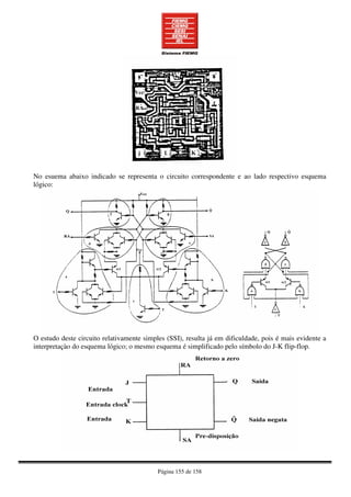 Página 155 de 158
No esuema abaixo indicado se representa o circuito correspondente e ao lado respectivo esquema
lógico:
O estudo deste circuito relativamente simples (SSI), resulta já em dificuldade, pois é mais evidente a
interpretaçào do esquema lógico; o mesmo esquema é simplificado pelo símbolo do J-K flip-flop.
 