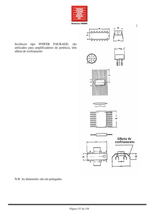 Página 157 de 158
Invólucro tipo POWER PACKAGE; são
utilizados para amplificadores de potência, têm
alheta de resfriamento
N.B As dimensões são em polegadas
 