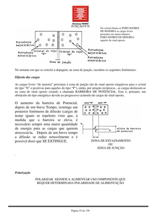 Página 35 de 158
JUNÇÃO P-N
No instante em que se conclui a dopagem, na zona de junção, sucedem os seguintes fenômenos:
Difusão das cargas
As cargas livres “de maioria” próximas à zona de junção são de sinal oposto (negativas para o cristal
do tipo “N” e positivas para aqueles do tipo “P”), então, por atração recíprocas , as cargas deslocam-se
na zona de sinal oposto criando a chamada BARREIRA DE POTENCIAL. Este é, portanto, um
obstáculo do tipo energético devido ao progressivo acúmulo de cargas de sinal oposto.
O aumento da barreira de Potencial,
depois de um breve Tempo, restringe um
posterior fenômeno de difusão (cargas de
nome iguais se repelem) visto que, à
medida que a barreira se eleva, é
necessário sempre uma maior quantidade
de energia para as cargas que querem
atravessá-la. Depois de um breve tempo
a difusão se reduz notavelmente e é
possível dizer que SE EXTINGUE. ZONA DE ESVAZIAMENTO
OU
ZONA DE JUNÇÃO
.
Polarização
POLARIZAR SIGNIFICA ALIMENTAR UM COMPONENTE QUE
REQUER DETERMINADA POLARIDADE DE ALIMENTAÇÃO
No cristal chama-se PORTADORES
DE MAIORIA as cargas livres
presentes em maior número;
PORTADORES DE MINORIA
aqueles do sinal oposto.
 