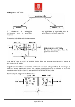 Página 36 de 158
Distinguem-se dois casos:
O componente é alimentado
corretamente com a polaridade
requerida.
O componente é alimentado com a
polaridade oposta àquela requerida.
Se uma junção P-N é polarizada inversamente:
POLARIZAÇÃO INVERSA
Na figura é evidenciado o fluxo dos
portadores minoritários.
Com poucos volts as cargas “de maioria” param, visto que o campo elétrico inverso impede o
atravessamento da junção.
Os portadores minoritários, ao contrário, permanecem acelerados pelas polaridades da alimentação, e
então, no entanto, no circuito passará uma corrente fraca inversa devida exatamente ao fluxo dos
portadores minoritários. A barreira de potencial AUMENTA e SE ALARGA
Se uma junção P-N é polarizada diretamente:
 