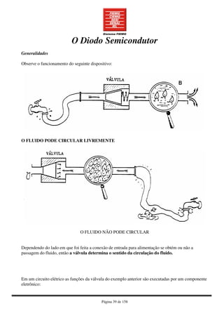 Página 39 de 158
O Diodo Semicondutor
Generalidades
Observe o funcionamento do seguinte dispositivo:
O FLUIDO PODE CIRCULAR LIVREMENTE
O FLUIDO NÃO PODE CIRCULAR
Dependendo do lado em que foi feita a conexão de entrada para alimentação se obtém ou não a
passagem do fluido, então a válvula determina o sentido da circulação do fluido.
Em um circuito elétrico as funções da válvula do exemplo anterior são executadas por um componente
eletrônico:
 