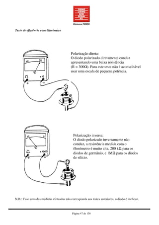 Página 47 de 158
Teste de eficiência com ôhmímetro
N.B.: Caso uma das medidas efetuadas não corresponda aos testes anteriores, o diodo é ineficaz.
Polarização direta:
O diodo polarizado diretamente conduz
apresentando uma baixa resistência
(R = 300Ω). Para este teste não é aconselhável
usar uma escala de pequena potência.
Polarização inversa:
O diodo polarizado inversamente não
conduz, a resistência medida com o
ôhmímetro é muito alta, 200 kΩ para os
diodos de germânio, e 1MΩ para os diodos
de silício.
 