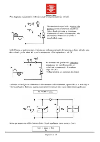 Página 51 de 158
Pelo diagrama esquemático, pode-se deduzir o funcionamento do circuito.
No momento em que indica a semi-ciclo
positivo da tensão alternada de entrada
(Vi), o diodo encontra-se polarizado
diretamente. O semi-ciclo completo, não
encontrando obstáculos no diodo, é
transferido à carga.
N.B.: Chama-se a atenção para o fato de que embora polarizado diretamente, o diodo introduz uma
determinada queda, sobre Vi, a qual nos exemplos a Si é equivalente a ~ 0.6V.
No momento em que inicia o semi-ciclo
negativo da Vi, o diodo encontra-se
polarizado inversamente. A tensão na
carga é NULA.
(Toda a tensão é nos terminais do diodo).
Dado que a condução do diodo realiza-se com meio-ciclos alternados, (para 50Hz T = 20 m.seg) o
valor significativo da tensão à carga (Vu) será representado pelo valor médio (Vmc), pelo que:
Vu = 0.45 Vi (RMS)
Notar que a corrente média (Im) no diodo é igual àquela que passa na carga (Imc).
Imc = Vmc = Imd
Rc
 