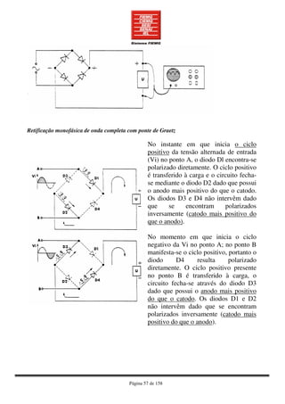 Página 57 de 158
Retificação monofásica de onda completa com ponte de Graetz
No instante em que inicia o ciclo
positivo da tensão alternada de entrada
(Vi) no ponto A, o diodo Dl encontra-se
polarizado diretamente. O ciclo positivo
é transferido à carga e o circuito fecha-
se mediante o diodo D2 dado que possui
o anodo mais positivo do que o catodo.
Os diodos D3 e D4 não intervêm dado
que se encontram polarizados
inversamente (catodo mais positivo do
que o anodo).
No momento em que inicia o ciclo
negativo da Vi no ponto A; no ponto B
manifesta-se o ciclo positivo, portanto o
diodo D4 resulta polarizado
diretamente. O ciclo positivo presente
no ponto B é transferido à carga, o
circuito fecha-se através do diodo D3
dado que possui o anodo mais positivo
do que o catodo. Os diodos D1 e D2
não intervêm dado que se encontram
polarizados inversamente (catodo mais
positivo do que o anodo).
 