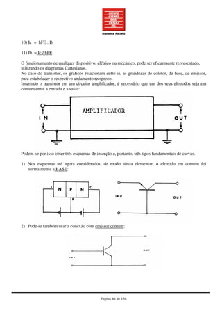 Página 86 de 158
10) Ic = hFE . Ib
11) Ib = Ic / hFE
O funcionamento de qualquer dispositivo, elétrico ou mecânico, pode ser eficazmente representado,
utilizando os diagramas Cartesianos.
No caso do transistor, os gráficos relacionam entre si, as grandezas de coletor, de base, de emissor,
para estabelecer o respectivo andamento recíproco.
Inserindo o transistor em um circuito amplificador, é necessário que um dos seus eletrodos seja em
comum entre a entrada e a saída:
Podem-se por isso obter três esquemas de inserção e, portanto, três tipos fundamentais de curvas.
1) Nos esquemas até agora considerados, de modo ainda elementar, o eletrodo em comum foi
normalmente a BASE:
2) Pode-se também usar a conexão com emissor comum:
 
