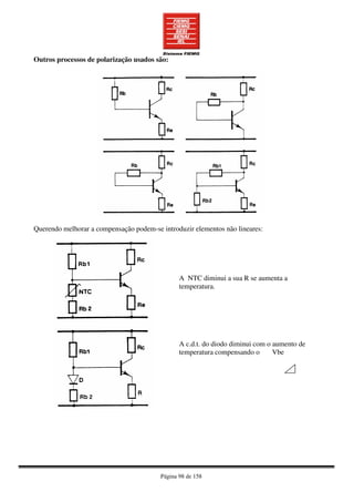 Página 98 de 158
Outros processos de polarização usados são:
Querendo melhorar a compensação podem-se introduzir elementos não lineares:
A NTC diminui a sua R se aumenta a
temperatura.
A c.d.t. do diodo diminui com o aumento de
temperatura compensando o Vbe
 