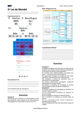 2a Lei de Mendel
_____________________________________________
_____________________________________________
Experimento da 2a lei
9 : 3 : 3 : 1
Enunciado da 2a lei:
_____________________________________________
_____________________________________________
_____________________________________________
_____________________________________________
A 2a lei também pode ser chamada de:
_____________________________________________
_____________________________________________
Exercício
Questão 01
Sabendo-se que o albinismo e a insensibilidade ao PTC
são recessivos, qual a chance de um casal de duplo-
heterozigotos ter um ﬁlho albino e sensível ao PTC?
Base citológica da 2a lei
A genialidade de Mendel
______________________________________________
______________________________________________
______________________________________________
______________________________________________
______________________________________________
______________________________________________
______________________________________________
______________________________________________
Exercício
Questão 01
O trabalho de Mendel está associado ao nascimento da
Genética como Ciência, porque, buscando entendimento
do fenômeno da herança, esse pesquisador:
01) escolheu como material biológico uma planta com
ﬂores — a ervilha de cheiro (Pisum sativum).
02) desenvolveu linhagens de ervilhas de maior poder
reprodutivo, utilizando técnicas de melhoramento.
03) considerou a mistura de caracteres como um
mecanismo de hereditariedade.
04) realizou experimentos controlados, analisando
estatisticamente os dados obtidos.
05) explicou a ocorrência de variedades de ervilhas
como resultado da ação de agentes mutagênicos.
Questão 02
O princípio mendeliano da segregação se concretiza, no
processo meiótico, quando
01) os cromossomos homólogos se separam na
primeira
divisão.
02) as cromátides se separam na segunda divisão.
03) a cromatina se condensa na primeira etapa da
divisão.
04) as cromátides-irmãs trocam fragmentos,
caracterizando a permuta.
05) as cromátides não-irmãs são inteiramente unidas em
sinapse.
Genética
www.profdorival.com.br
↻
Prof. Dorival Filho
 